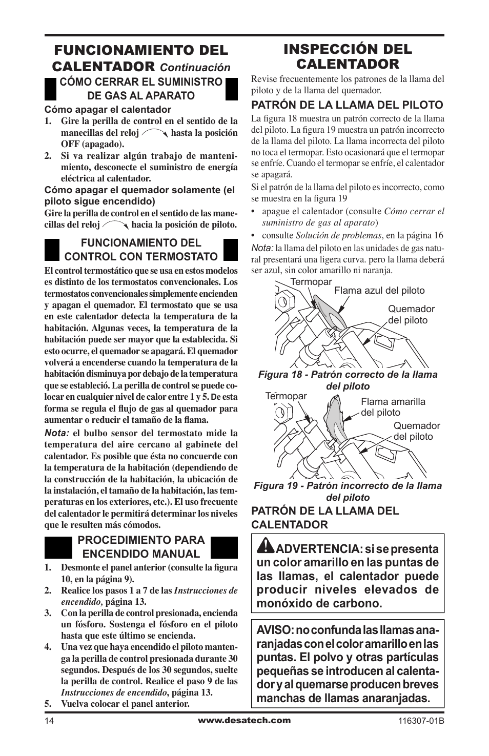 Inspección del calentador, Funcionamiento del calentador | Desa VSF30NT User Manual | Page 38 / 48