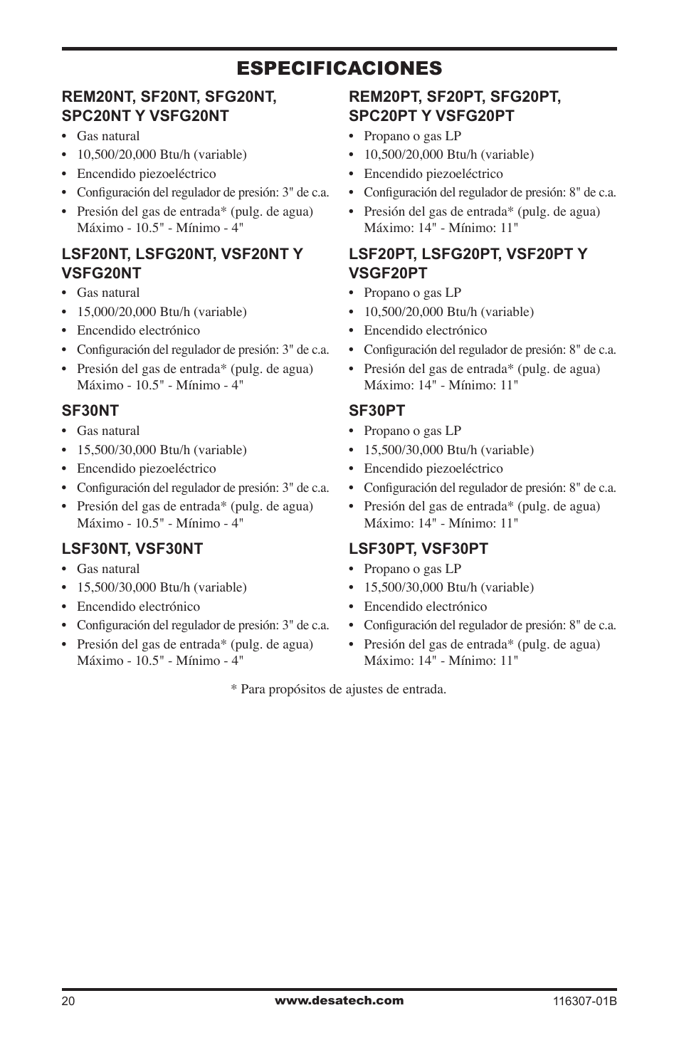 Especificaciones | Desa VSF30NT User Manual | Page 44 / 48