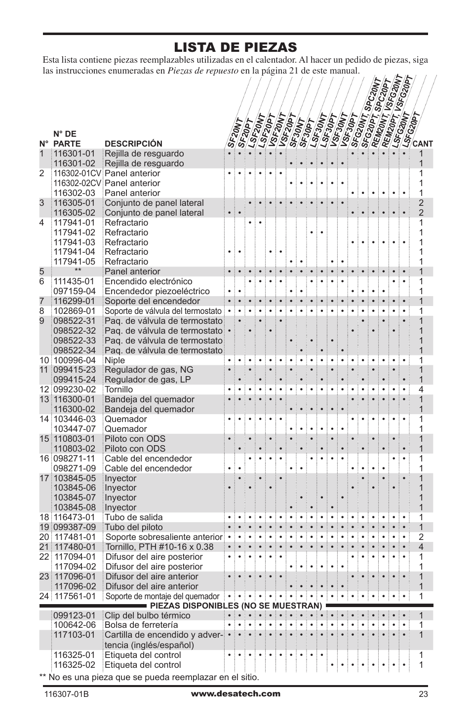 Lista de piezas | Desa VSF30NT User Manual | Page 47 / 48