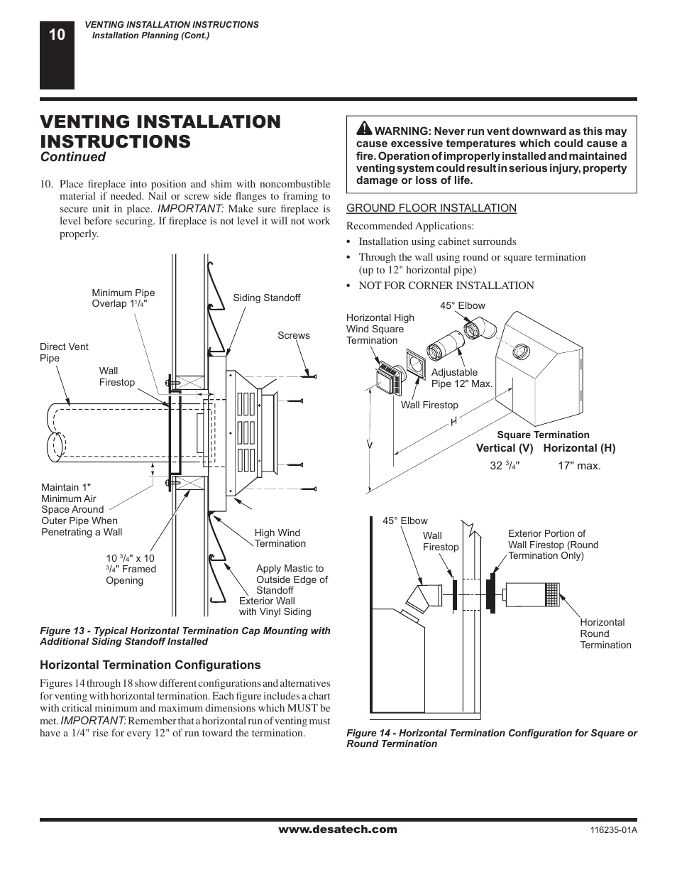 Venting installation instructions, Continued | Desa (V)VC36NE Series User Manual | Page 10 / 38