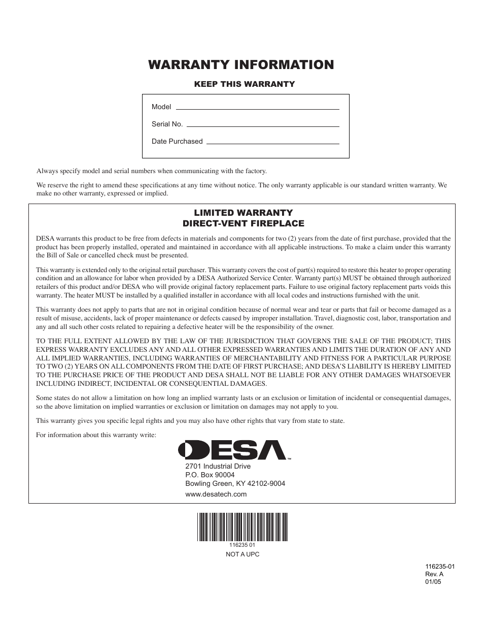 Warranty information | Desa (V)VC36NE Series User Manual | Page 38 / 38