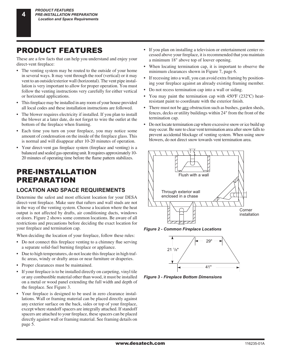 Product features, Pre-installation preparation | Desa (V)VC36NE Series User Manual | Page 4 / 38