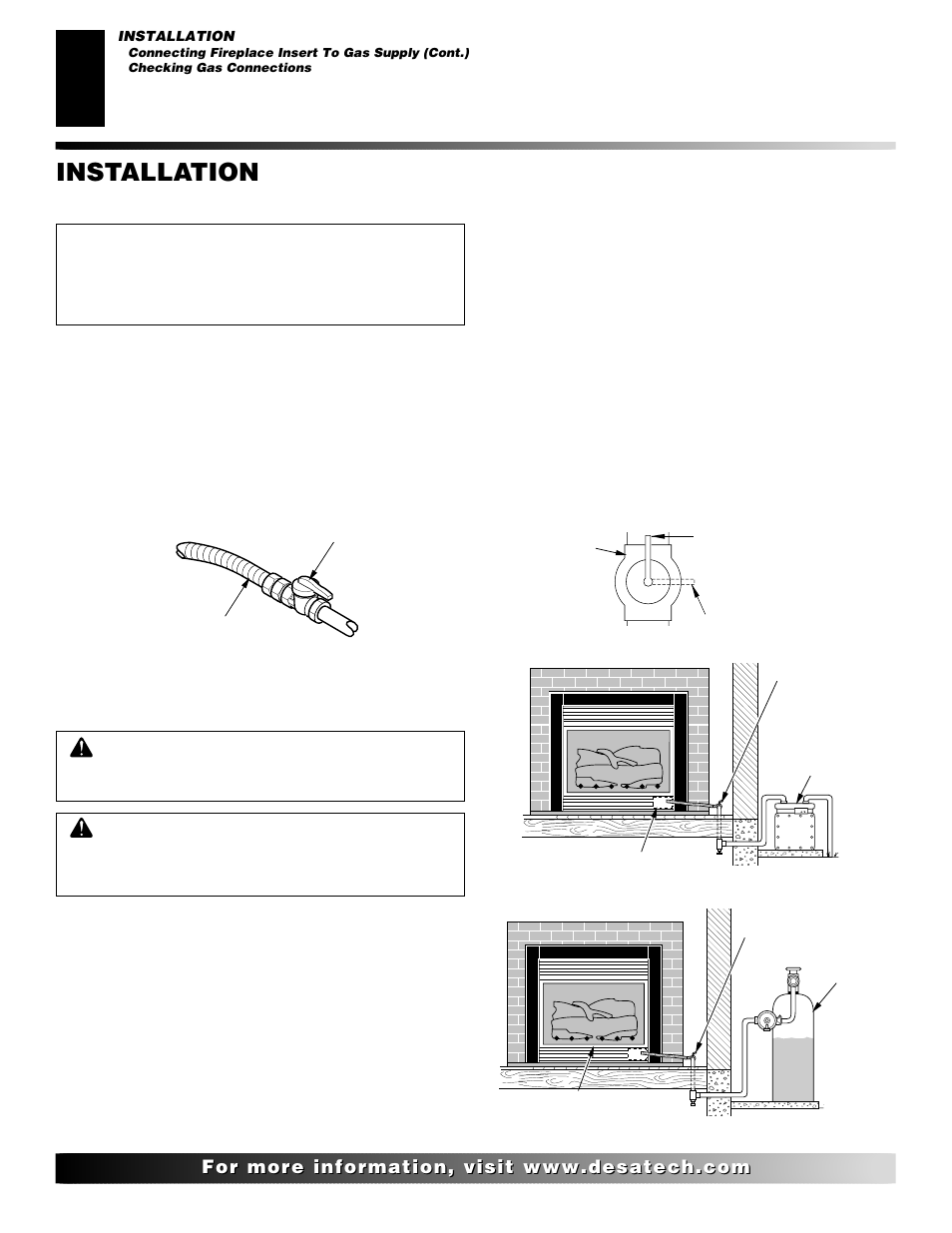 Installation, Continued, Checking gas connections | Desa VI33NR VI33PR User Manual | Page 12 / 34