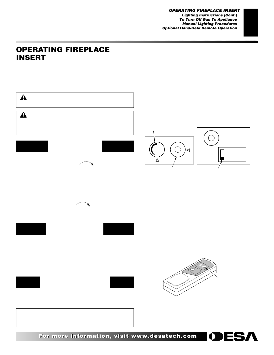 Operating fireplace insert, Continued, Manual lighting procedure | Optional hand-held remote operation, On/off series (model ghrcb) | Desa VI33NR VI33PR User Manual | Page 17 / 34
