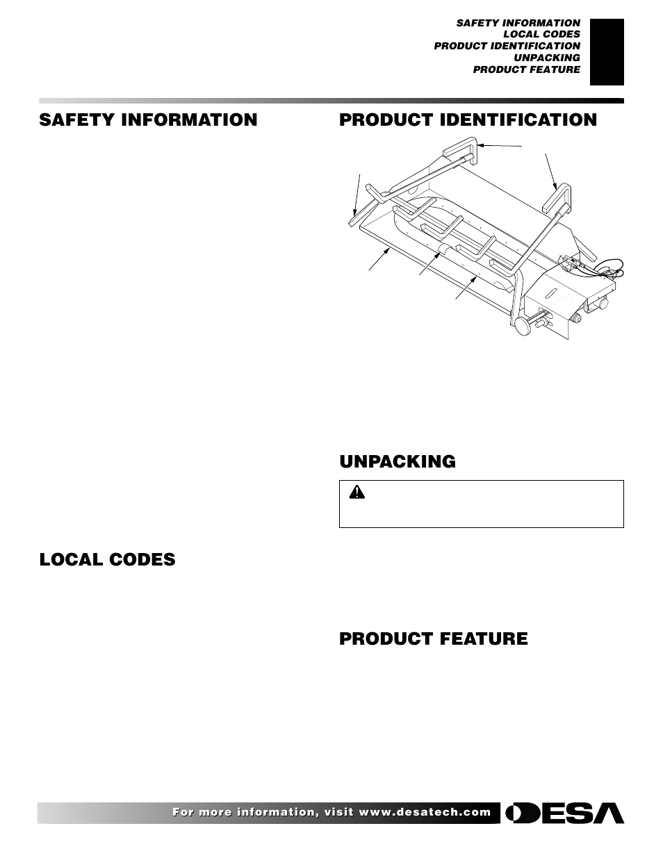 Local codes, Product identification, Unpacking | Product feature, Safety information | Desa VVDA24M User Manual | Page 3 / 28