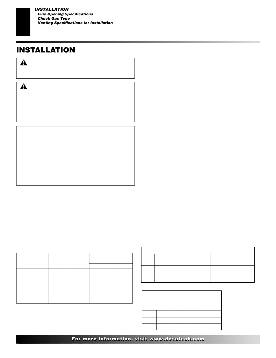 Installation, Check gas type, Venting specifications for installation | Flue opening specifications | Desa VVDA24M User Manual | Page 4 / 28