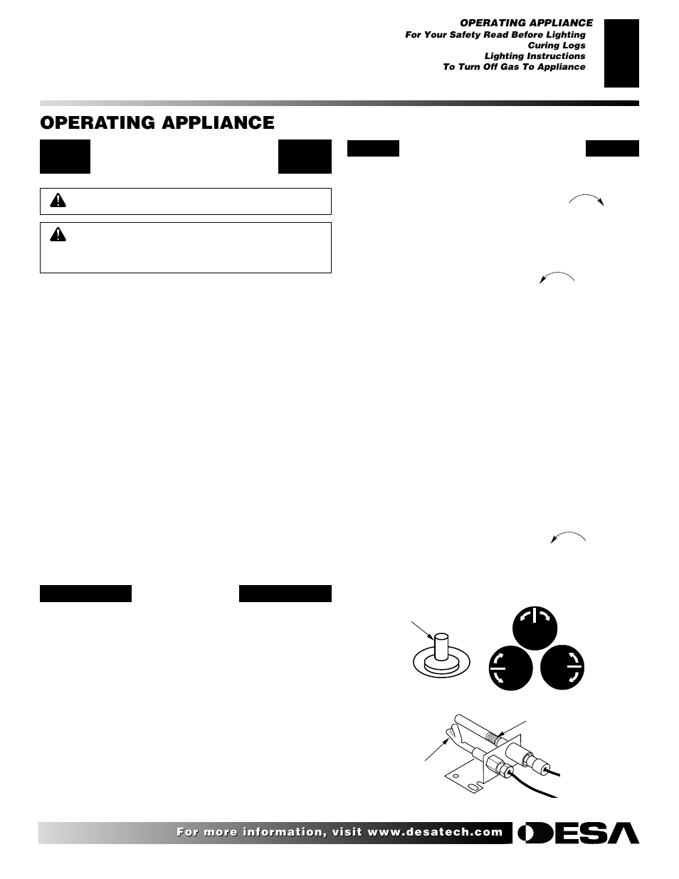 Operating appliance, Lighting instructions, For your safety read before lighting | Curing logs | Desa VVDA24M User Manual | Page 9 / 28