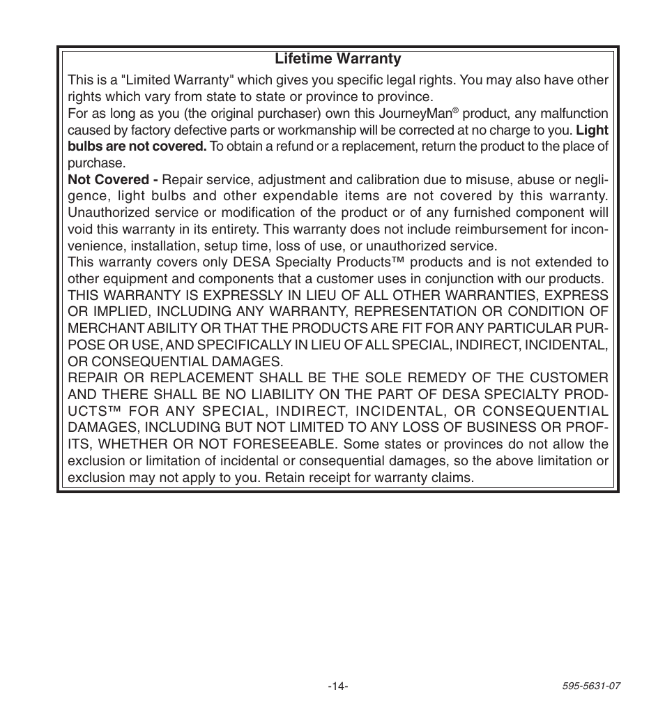 Lifetime warranty | Desa JOURNEYMAN HD-9240 User Manual | Page 14 / 42