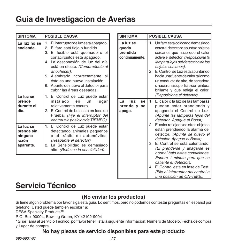 Guia de investigacion de averias, Servicio técnico, No enviar los productos) | Desa JOURNEYMAN HD-9240 User Manual | Page 27 / 42