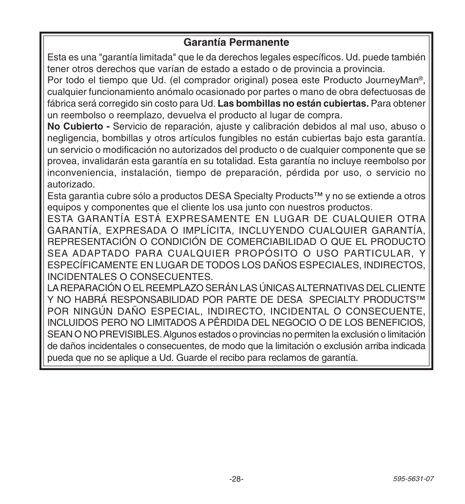 Garantía permanente | Desa JOURNEYMAN HD-9240 User Manual | Page 28 / 42