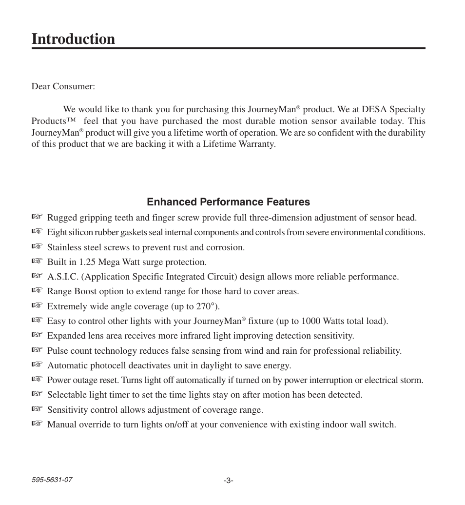 Introduction | Desa JOURNEYMAN HD-9240 User Manual | Page 3 / 42