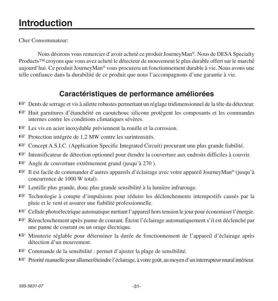 Introduction, Caractéristiques de performance améliorées | Desa JOURNEYMAN HD-9240 User Manual | Page 31 / 42