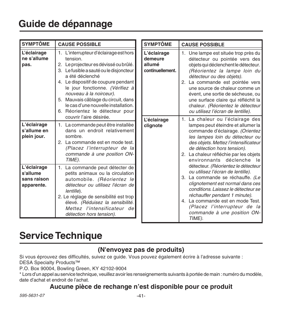 Guide de dépannage, Service technique, N'envoyez pas de produits) | Desa JOURNEYMAN HD-9240 User Manual | Page 41 / 42