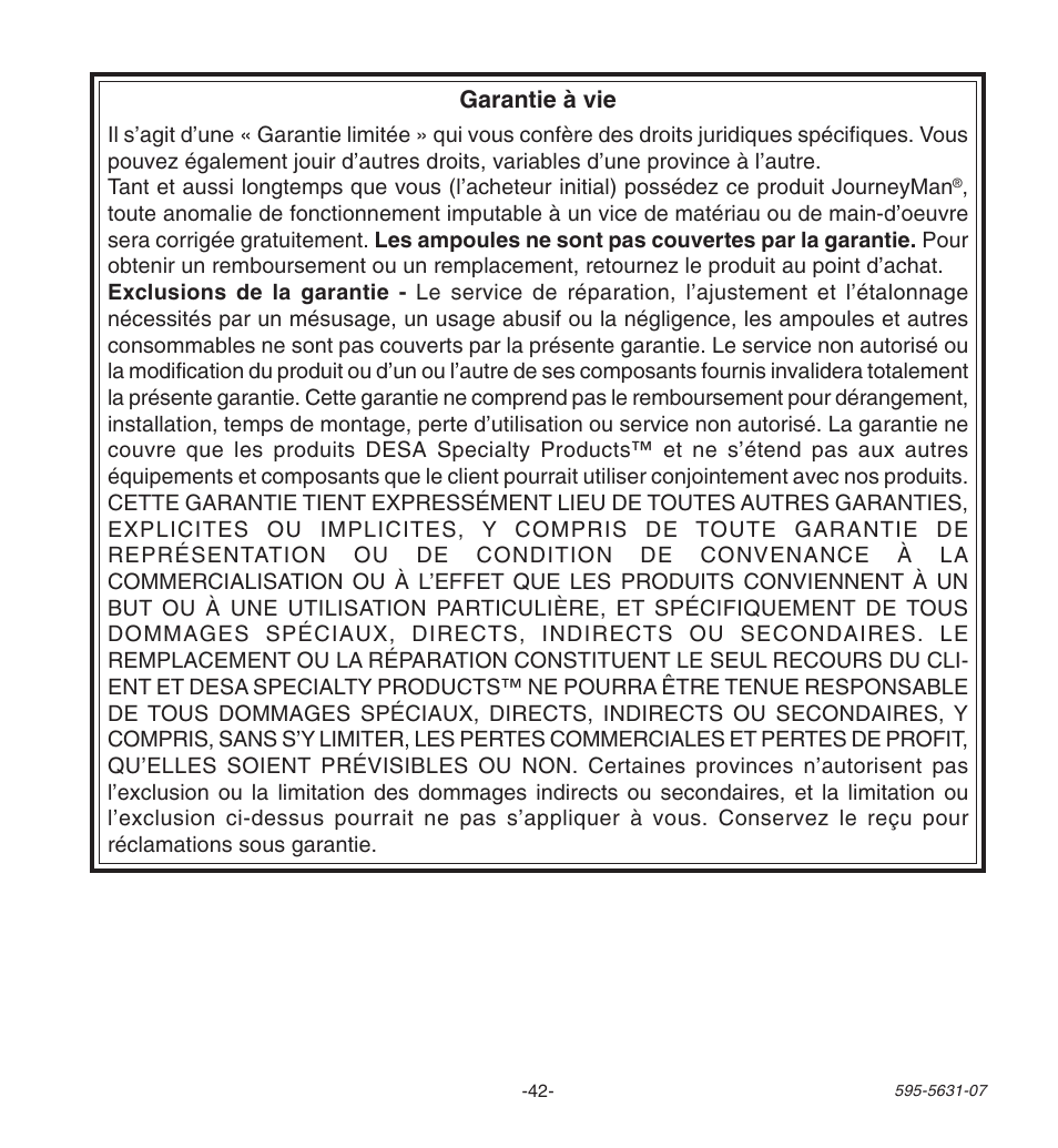 Garantie à vie | Desa JOURNEYMAN HD-9240 User Manual | Page 42 / 42