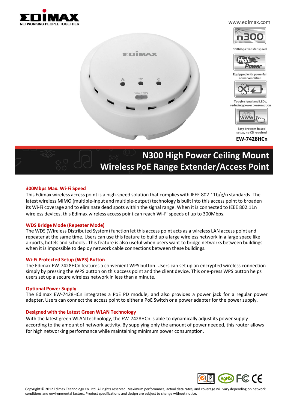Edimax Technology EW-7428HCN N300 High Power Ceiling Mount/Wireless PoE Range Extender/Access Point User Manual | 3 pages