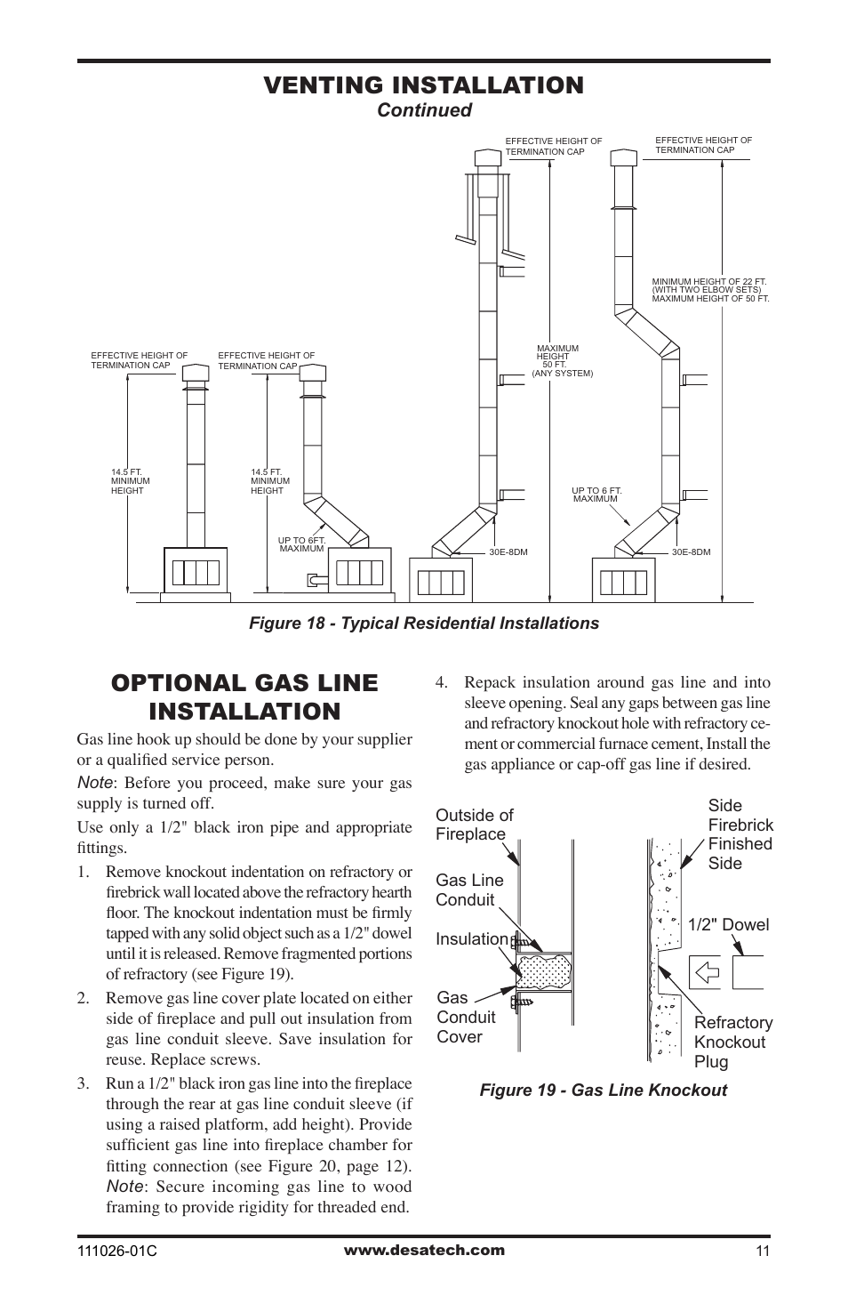 Optional gas line installation, Venting installation, Continued | Desa S36R User Manual | Page 11 / 20