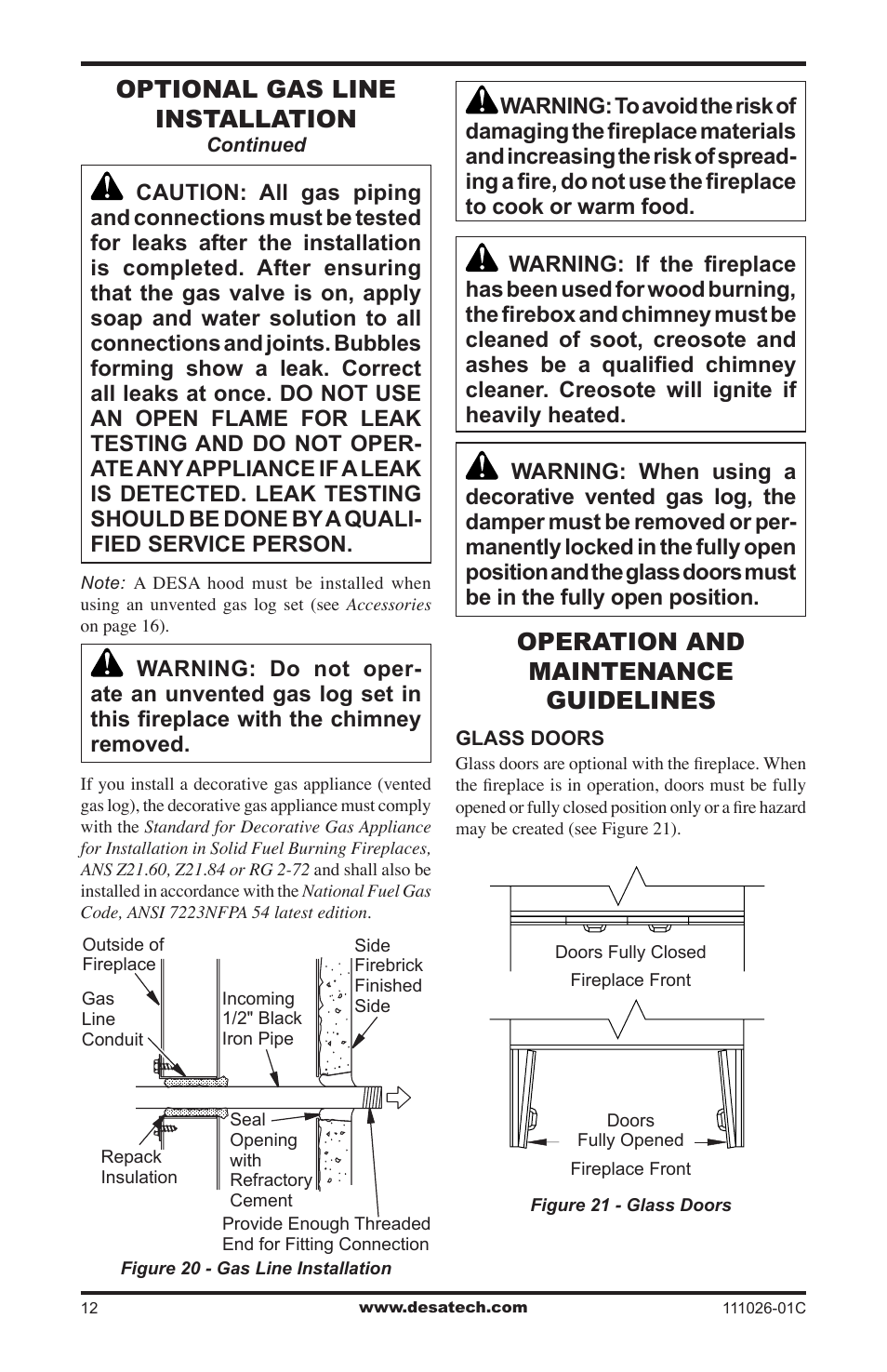 Operation and maintenance guidelines, Optional gas line installation | Desa S36R User Manual | Page 12 / 20