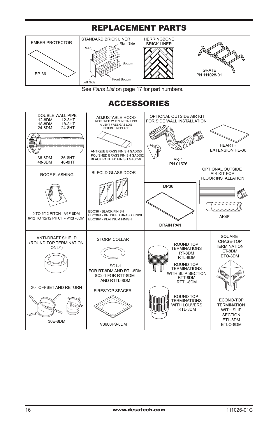 Replacement parts, Accessories, See parts list on page 17 for part numbers | Desa S36R User Manual | Page 16 / 20