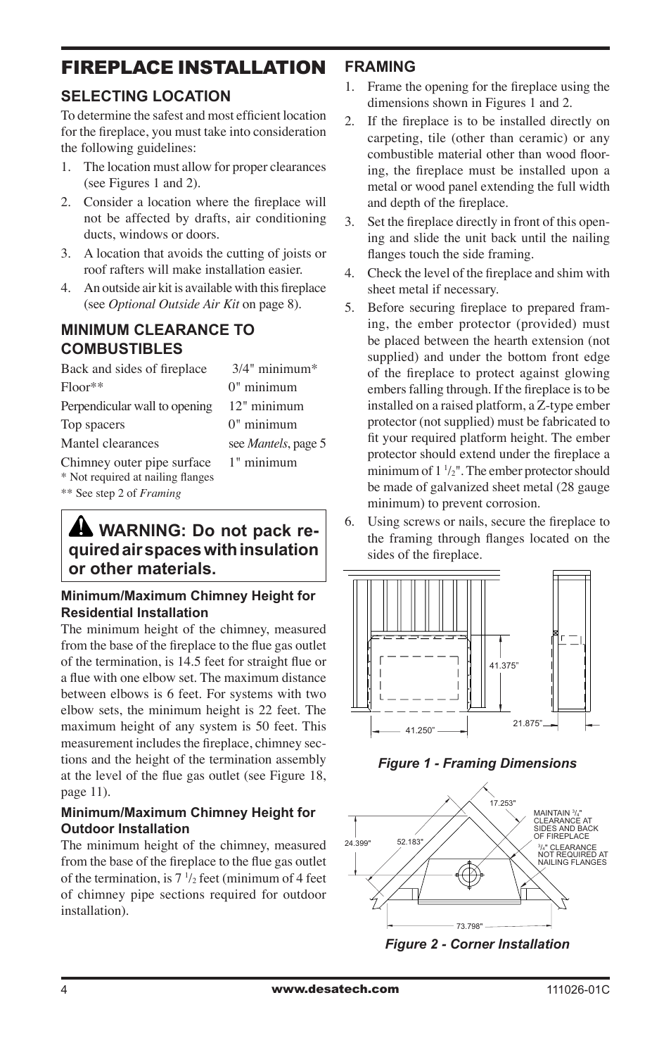 Fireplace installation, Selecting location, Minimum clearance to combustibles | Framing | Desa S36R User Manual | Page 4 / 20