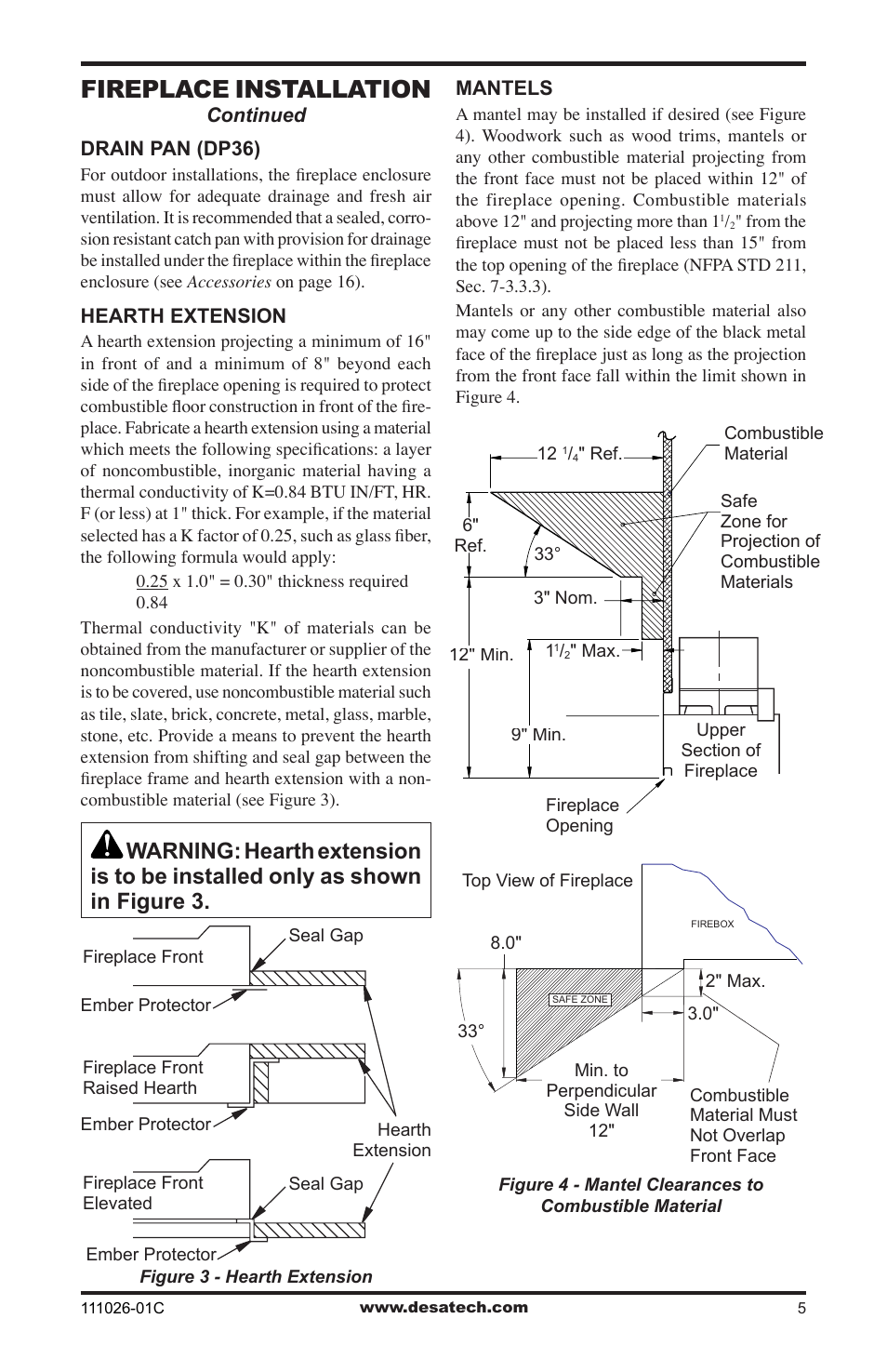 Fireplace installation | Desa S36R User Manual | Page 5 / 20