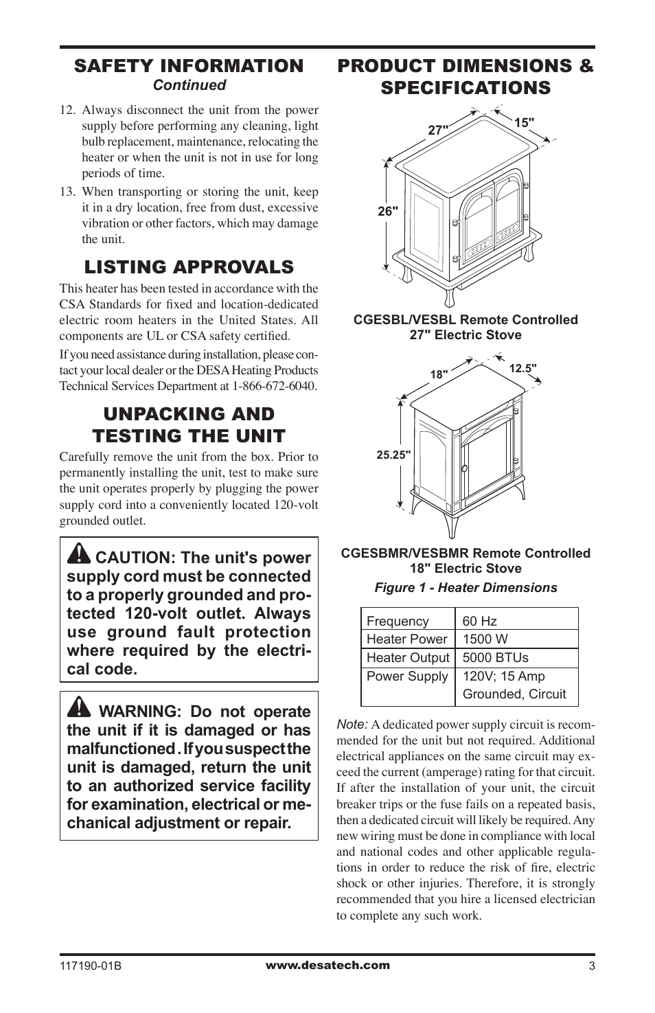 Listing approvals, Unpacking and testing the unit, Product dimensions & specifications | Safety information | Desa VESBMR User Manual | Page 3 / 12