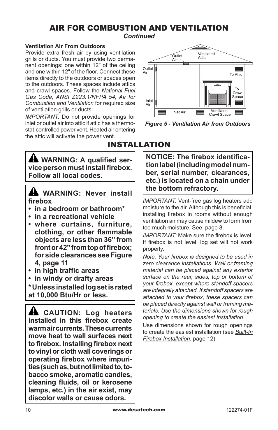 Installation, Air for combustion and ventilation | Desa VCM-50U User Manual | Page 10 / 36