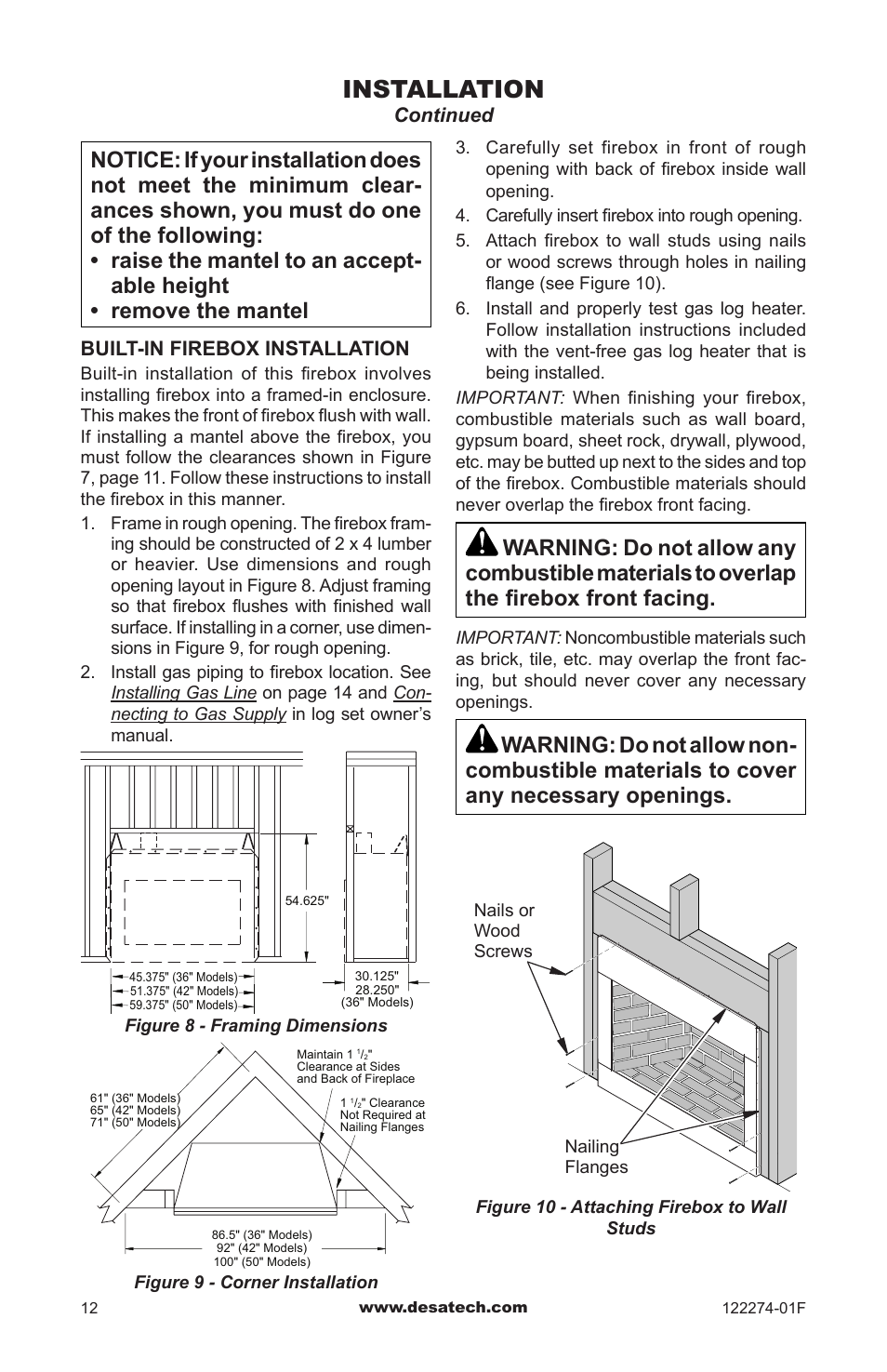 Installation, Built-in firebox installation, Continued | Desa VCM-50U User Manual | Page 12 / 36