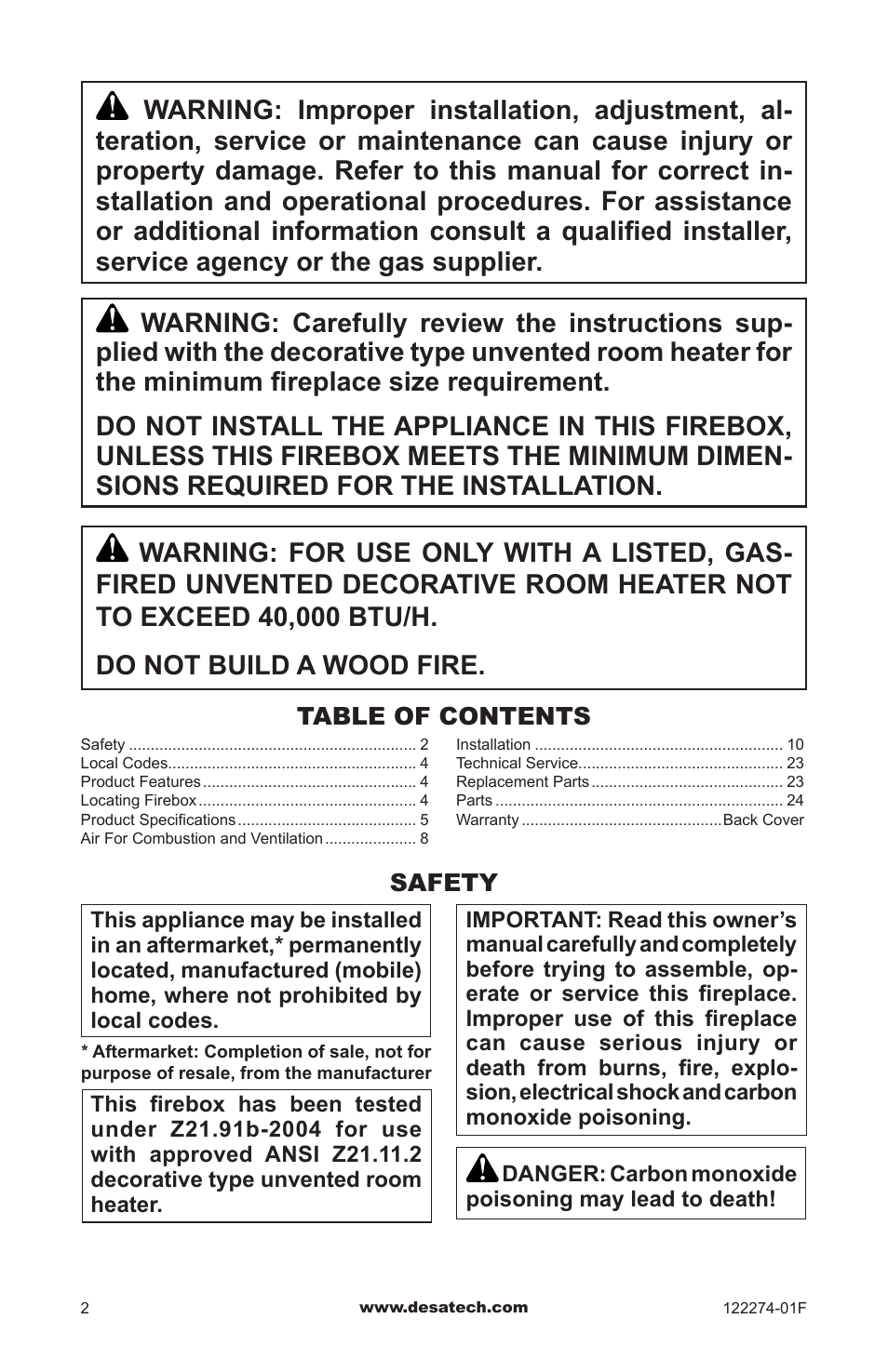 Safety | Desa VCM-50U User Manual | Page 2 / 36