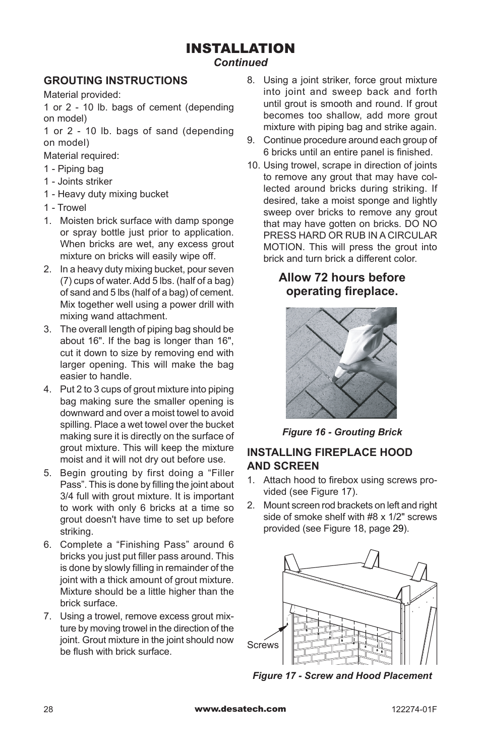 Installation, Allow 72 hours before operating fireplace | Desa VCM-50U User Manual | Page 28 / 36