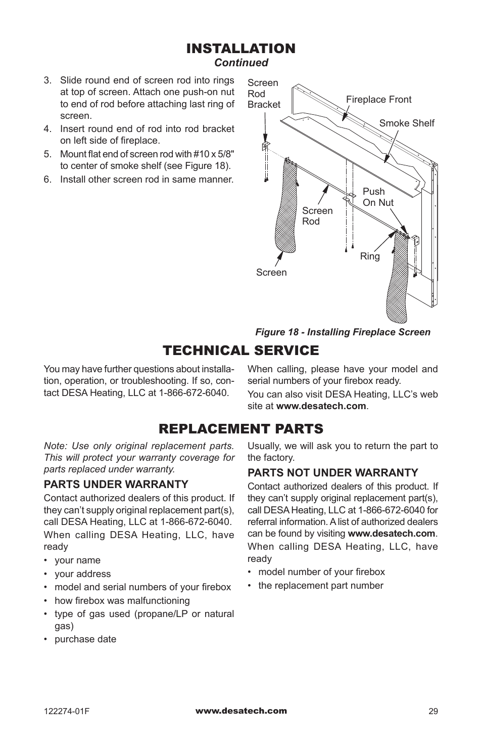 Technical service, Replacement parts, Installation | Desa VCM-50U User Manual | Page 29 / 36