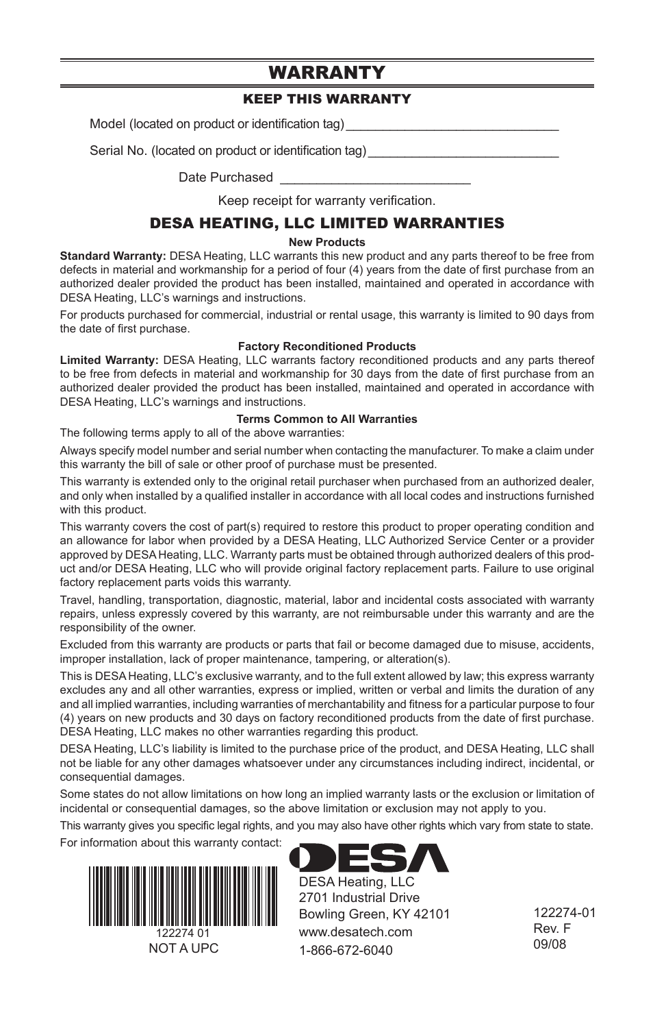 Warranty | Desa VCM-50U User Manual | Page 36 / 36
