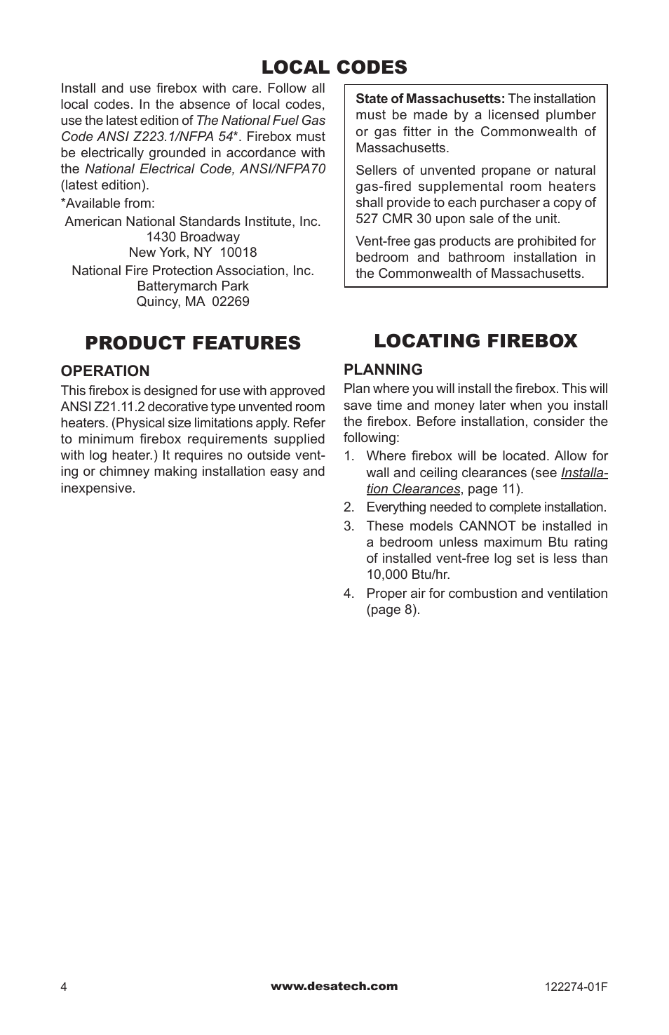 Local codes, Product features, Locating firebox | Local codes locating firebox | Desa VCM-50U User Manual | Page 4 / 36