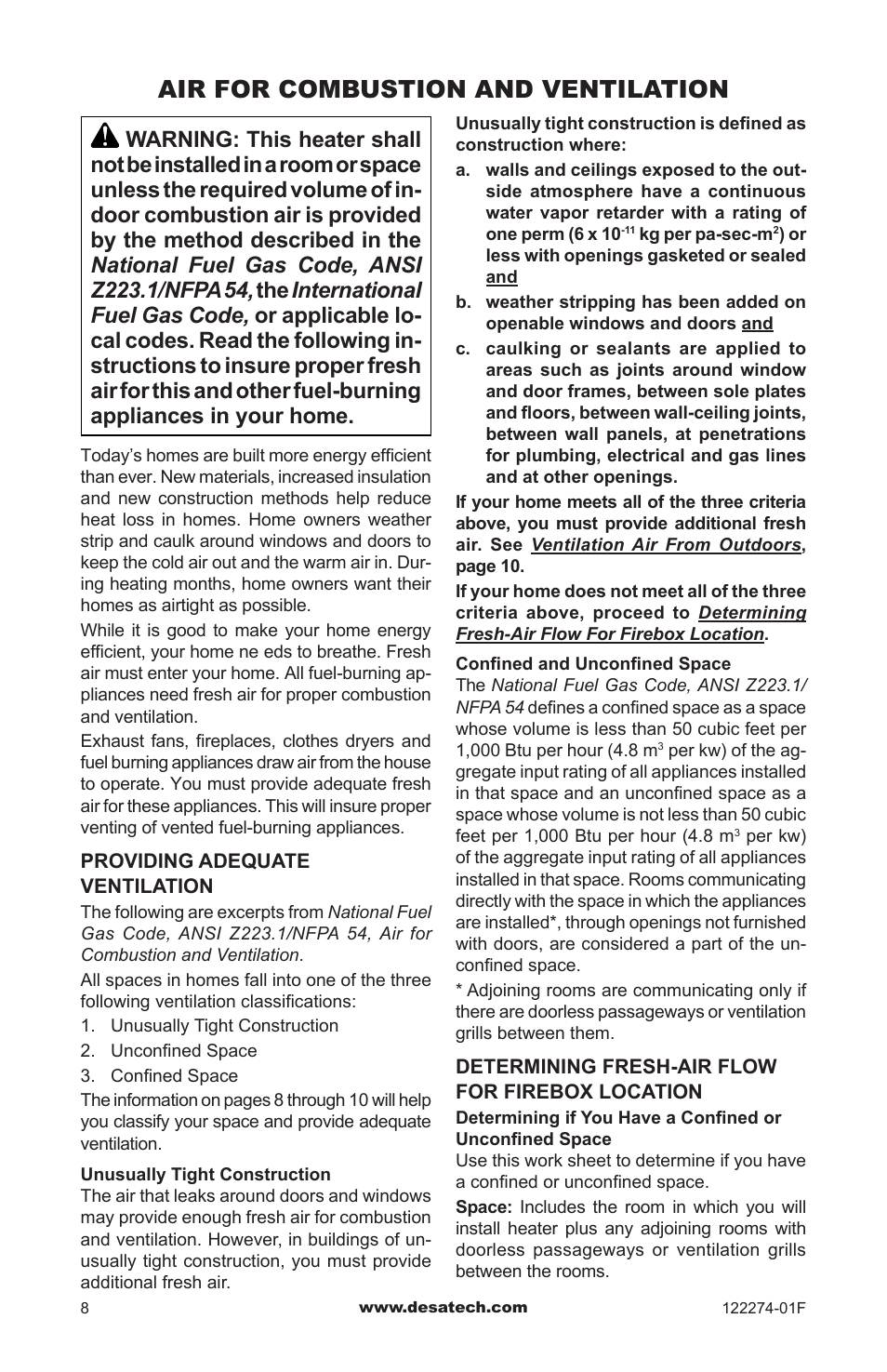 Air for combustion and ventilation | Desa VCM-50U User Manual | Page 8 / 36