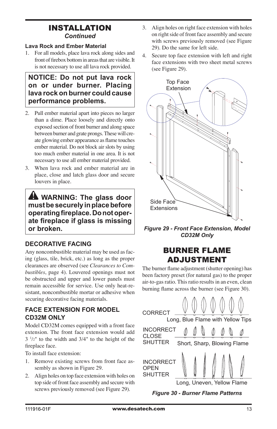 Burner flame adjustment, Installation | Desa CD42M-A2 User Manual | Page 13 / 24