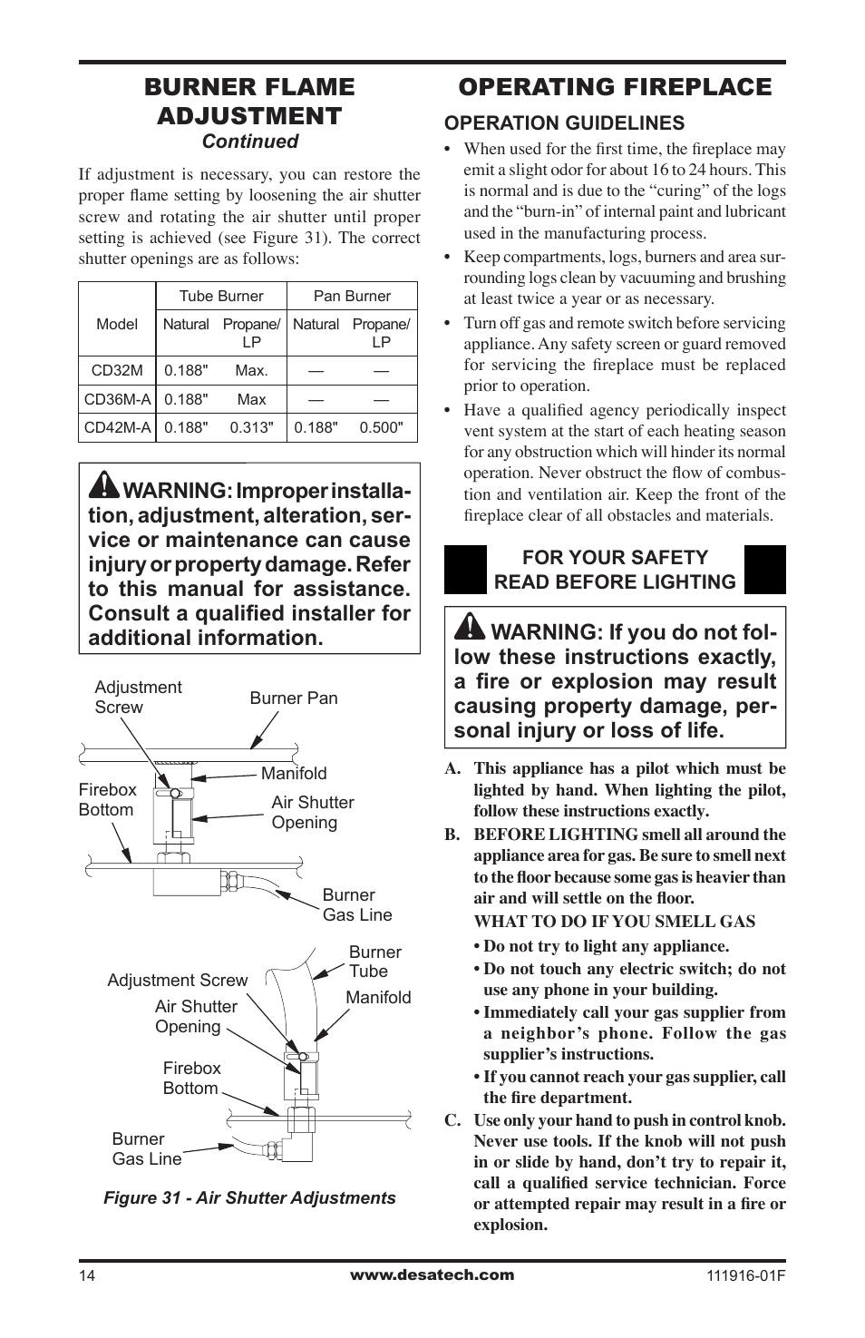 Operating fireplace, Burner flame adjustment | Desa CD42M-A2 User Manual | Page 14 / 24