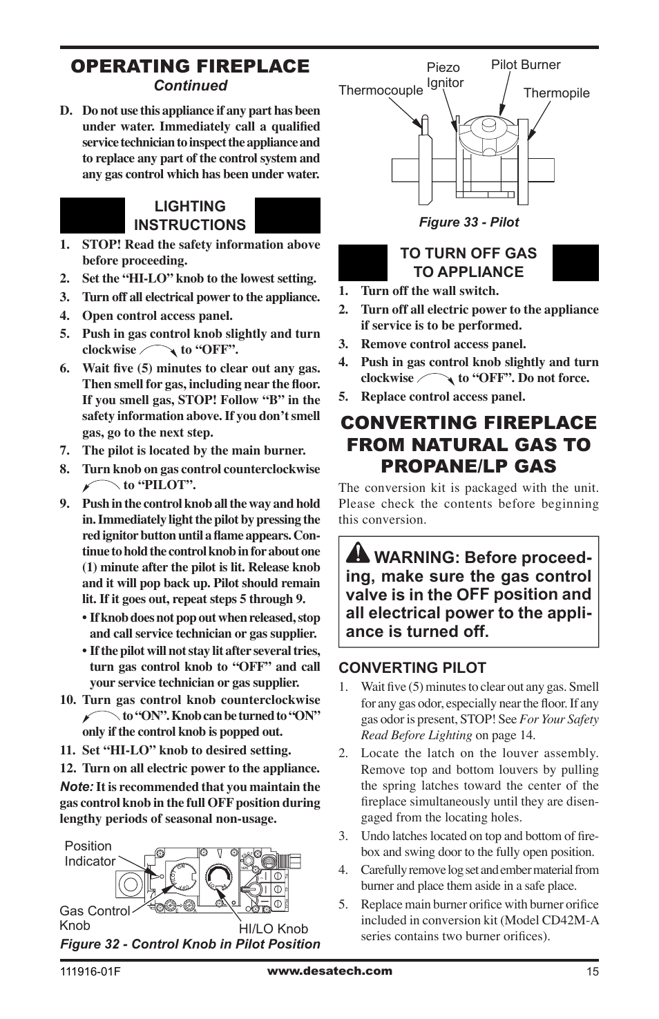 Operating fireplace | Desa CD42M-A2 User Manual | Page 15 / 24