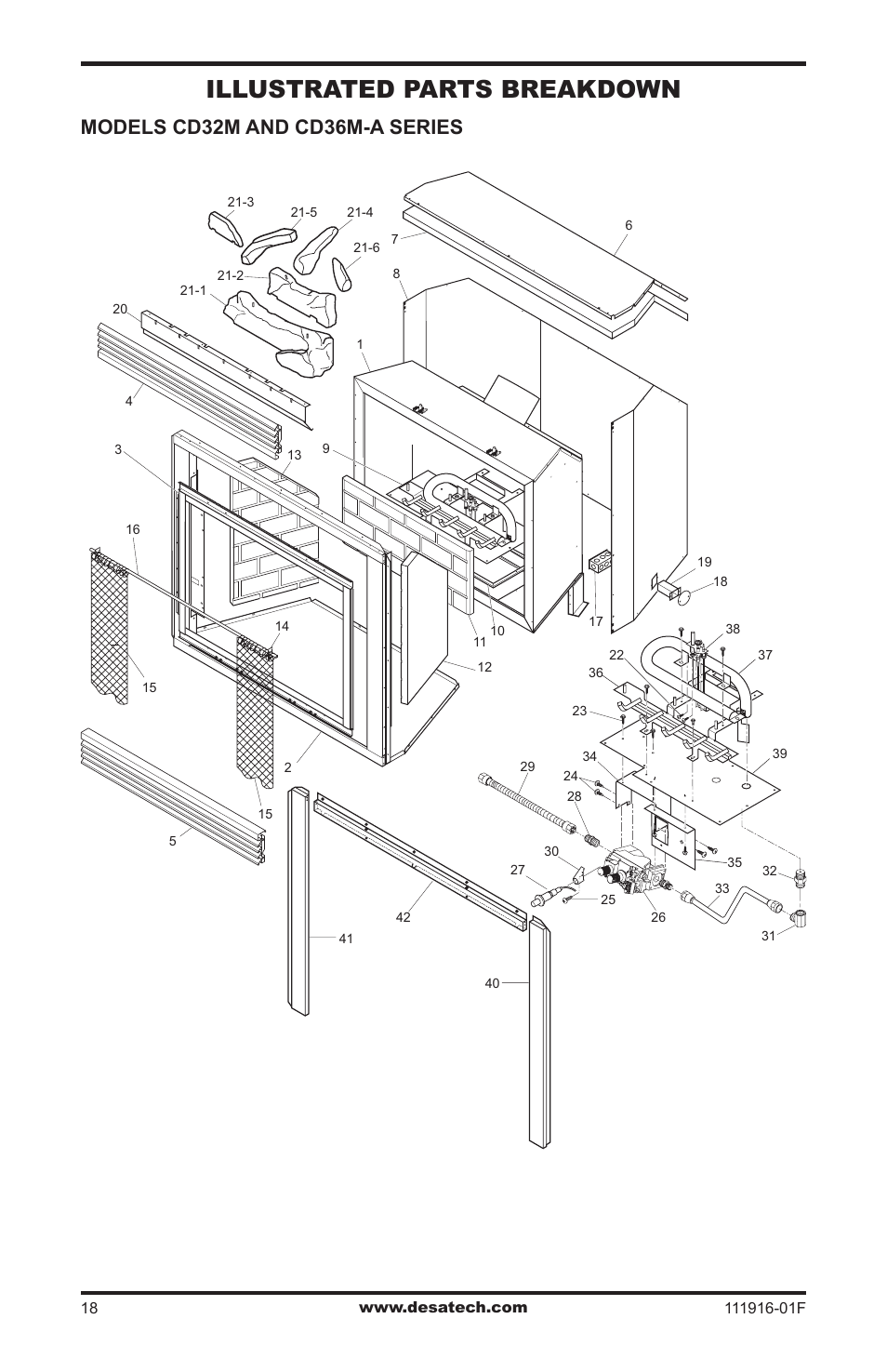 Illustrated parts breakdown, Models cd32m and cd36m-a series | Desa CD42M-A2 User Manual | Page 18 / 24