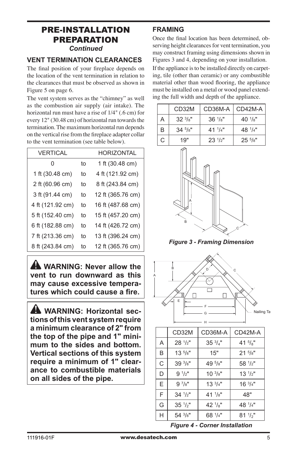 Pre-installation preparation, Vent termination clearances, Continued | Framing | Desa CD42M-A2 User Manual | Page 5 / 24