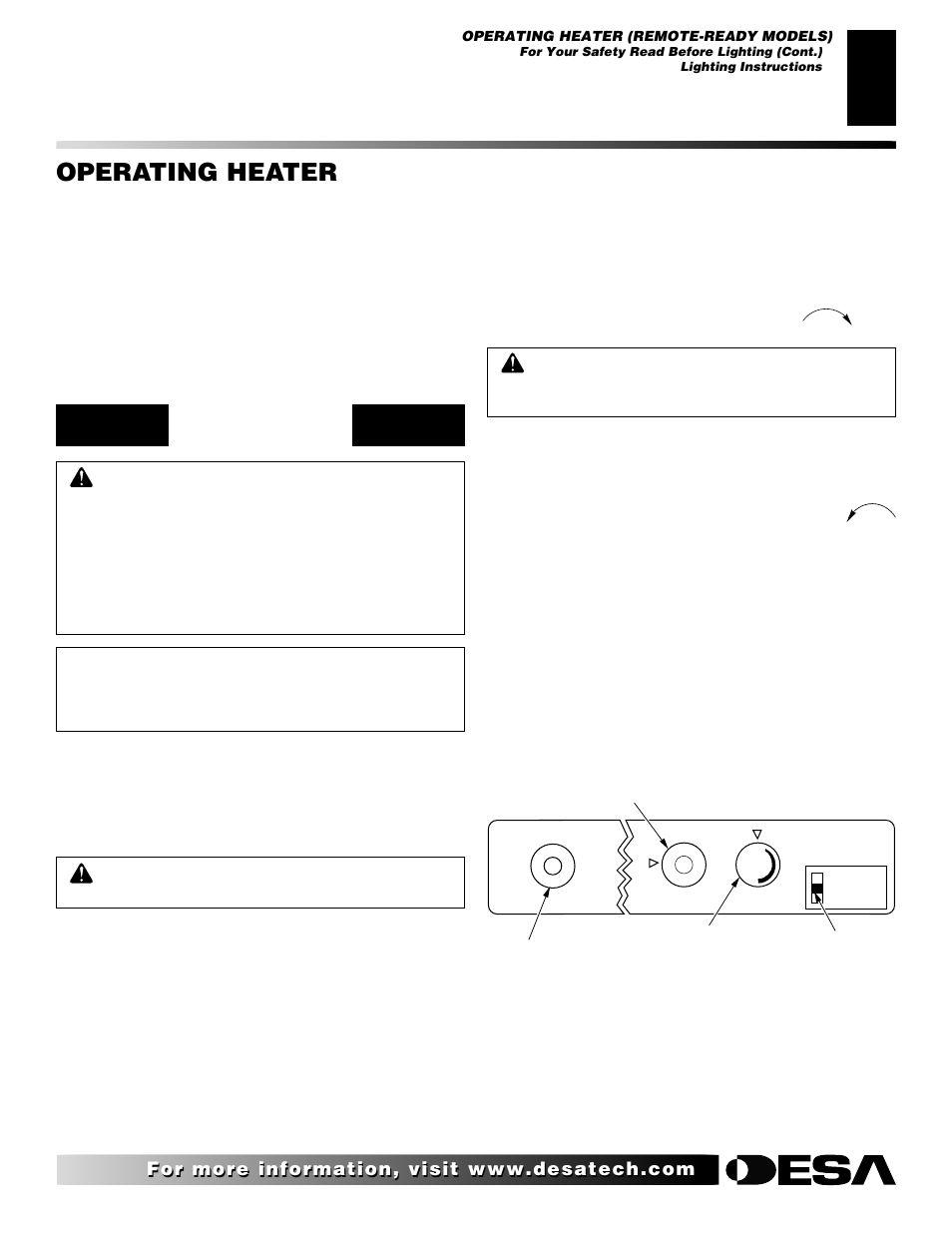 Operating heater, Continued, Lighting instructions | Desa V User Manual | Page 19 / 40