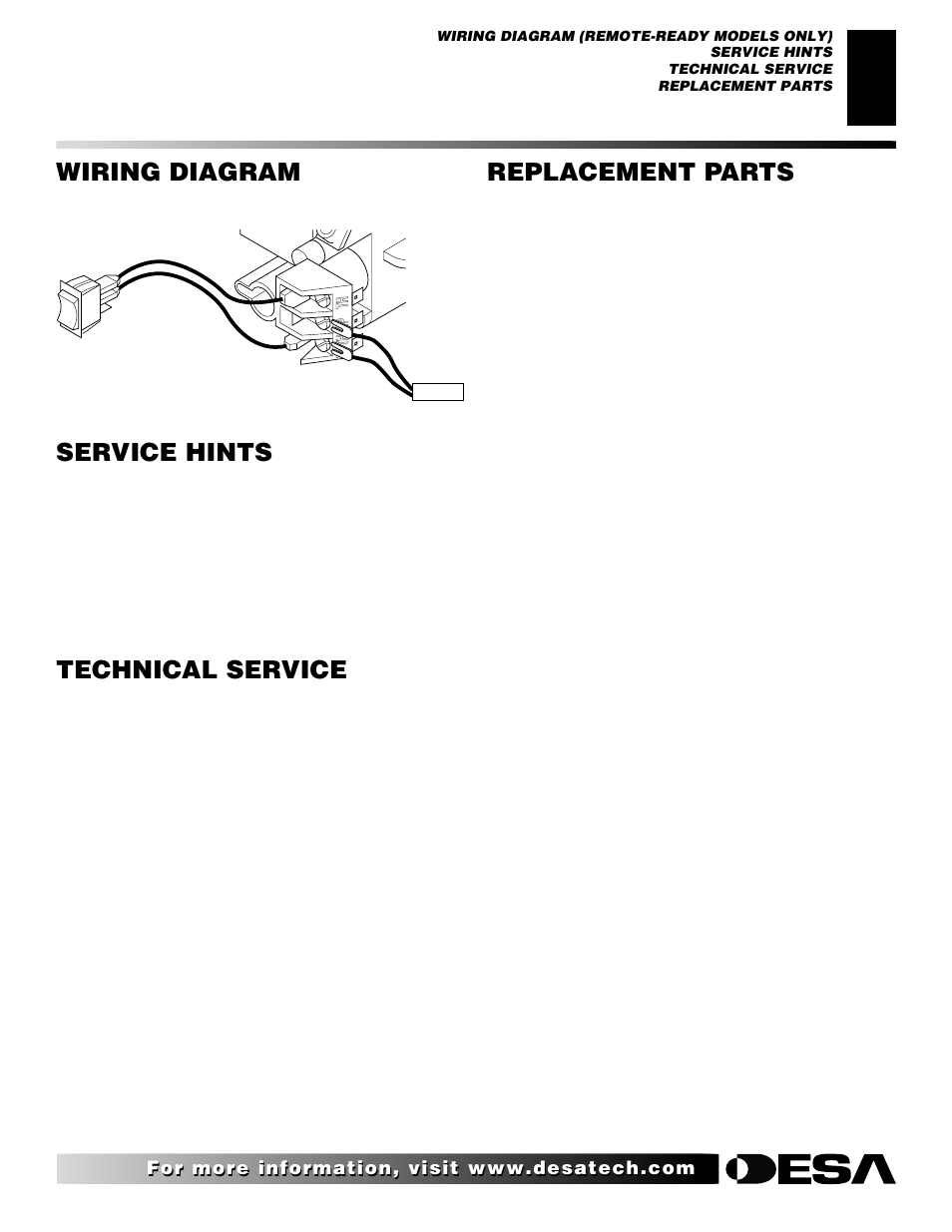 Service hints, Technical service, Replacement parts | Wiring diagram | Desa V User Manual | Page 29 / 40