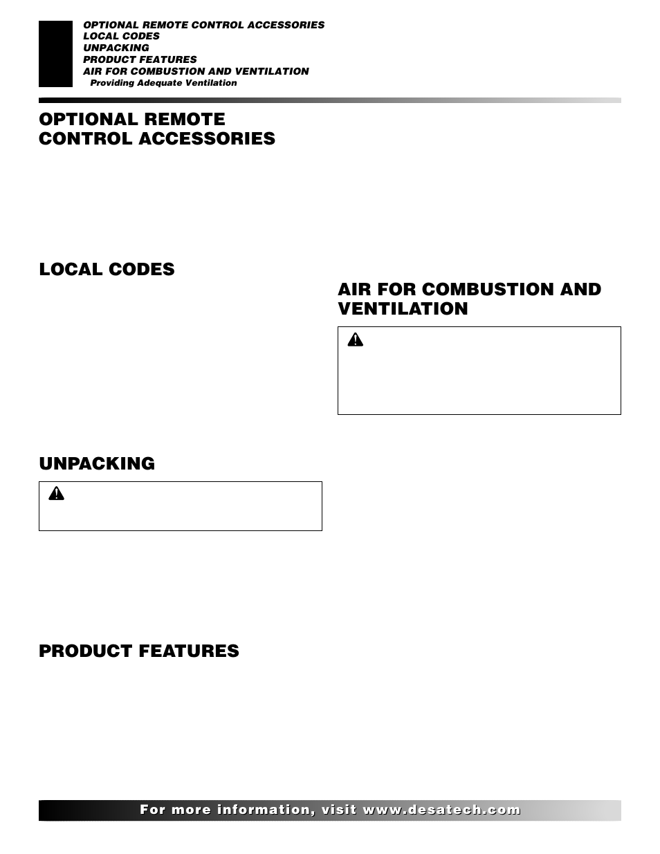 Local codes, Unpacking, Air for combustion and ventilation | Desa V User Manual | Page 4 / 40