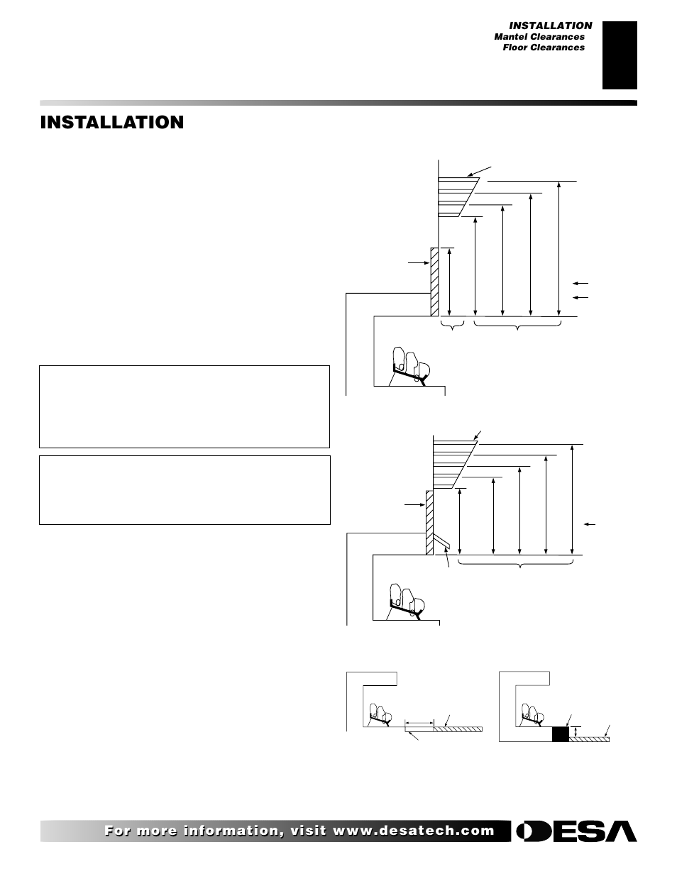 Installation, Continued, Mantel clearances | Floor clearances, Determining minimum mantel clearance | Desa V User Manual | Page 9 / 40