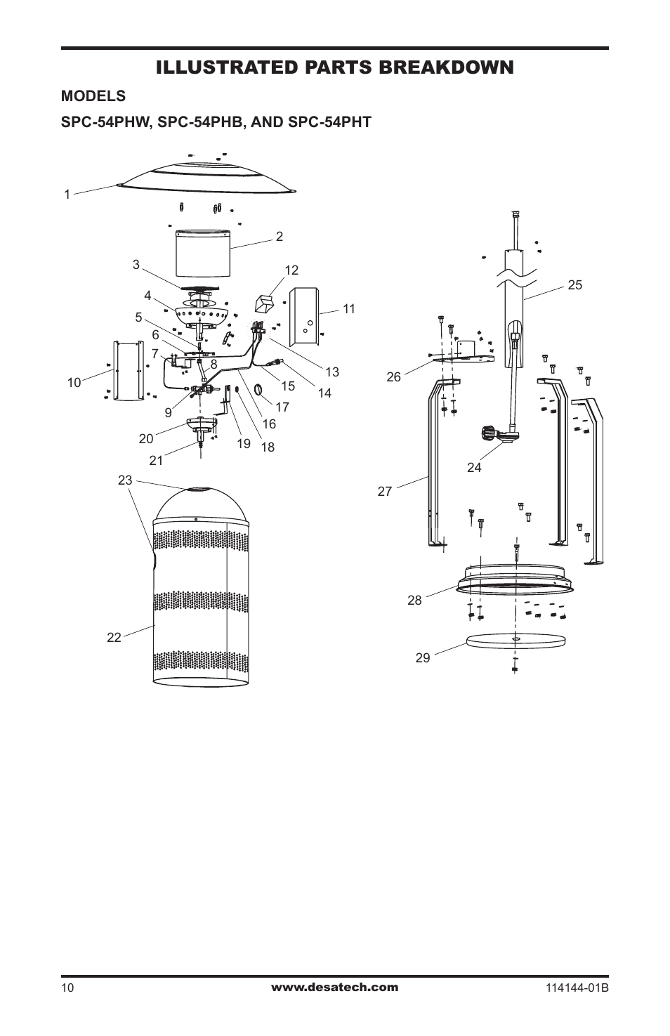 Illustrated parts breakdown and parts list, Illustrated parts breakdown | Desa AND SPC-54PHT User Manual | Page 10 / 12