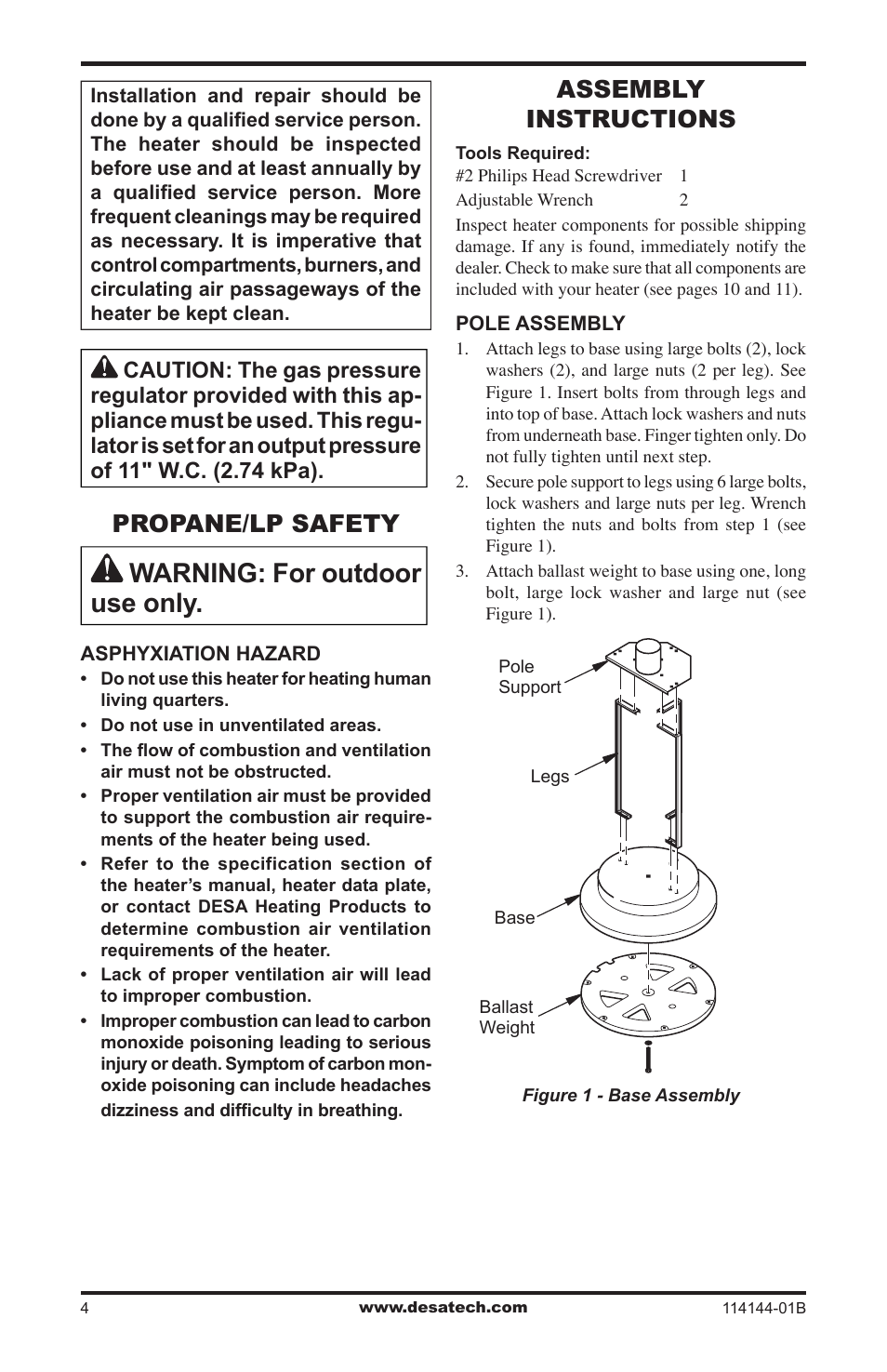 Propane/lp safety, Warning: for outdoor use only, Assembly instructions | Desa AND SPC-54PHT User Manual | Page 4 / 12