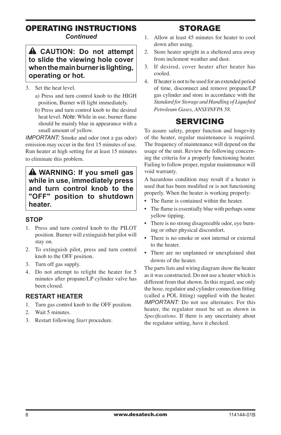 Storage, Servicing, Operating instructions | Desa AND SPC-54PHT User Manual | Page 8 / 12