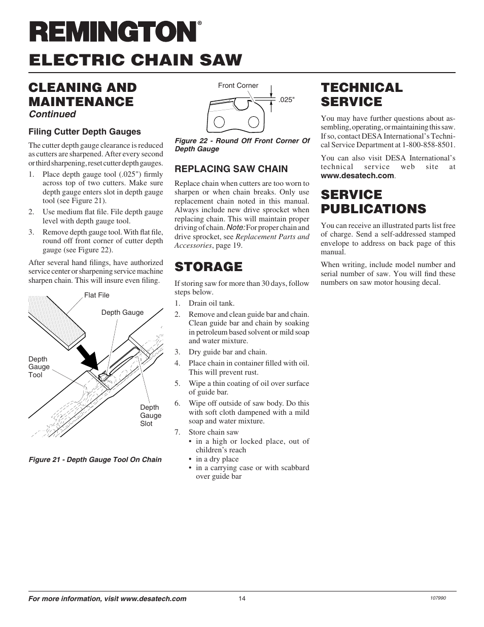 Electric chain saw, Cleaning and maintenance, Technical service | Service publications, Storage | Remington 075762J User Manual | Page 14 / 24