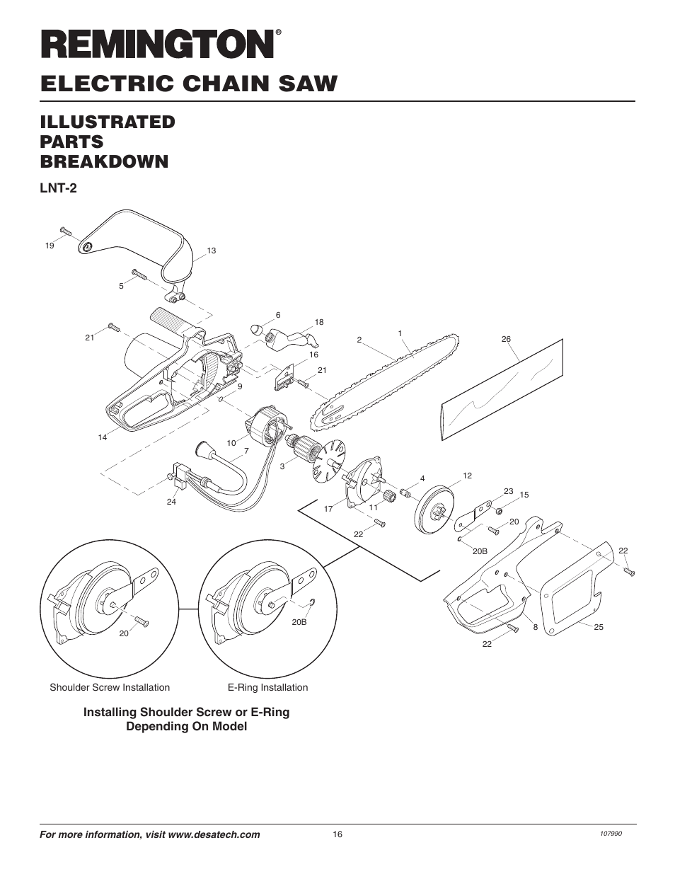 Electric chain saw, Illustrated parts breakdown, Lnt-2 | Remington 075762J User Manual | Page 16 / 24