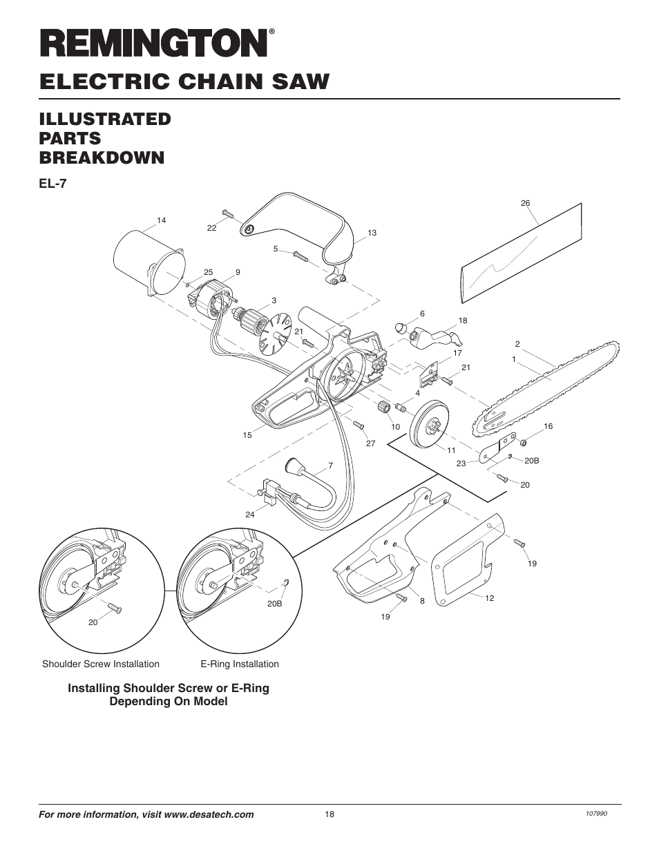 Electric chain saw, Illustrated parts breakdown, El-7 | Remington 075762J User Manual | Page 18 / 24