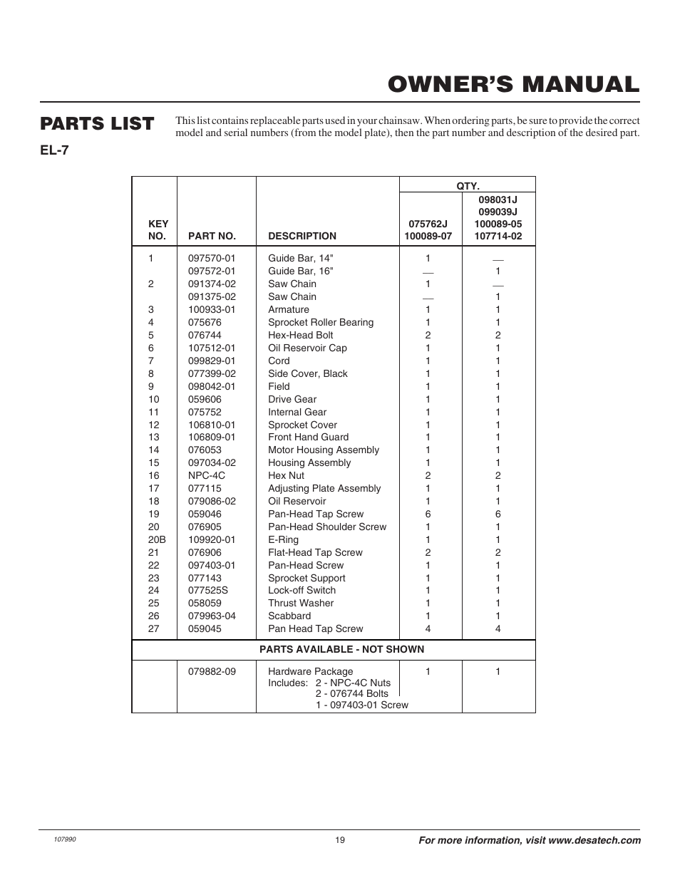 Owner’s manual, Parts list, El-7 | Remington 075762J User Manual | Page 19 / 24