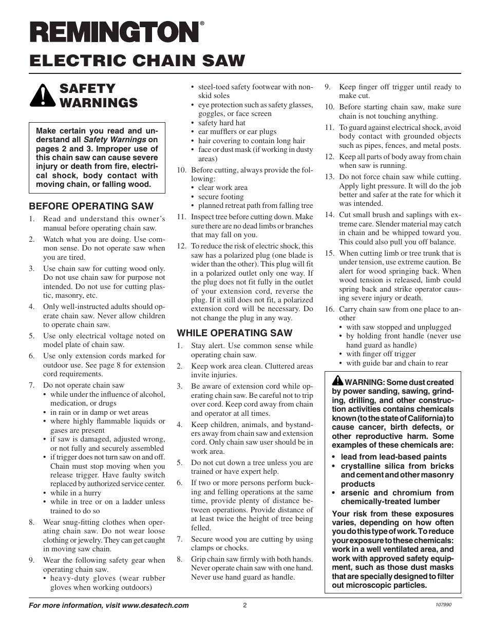 Electric chain saw, Safety warnings | Remington 075762J User Manual | Page 2 / 24